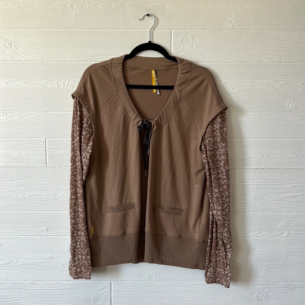 Lole brown long sleeve tshirt with drawstring neckline layered semisheer sleeves